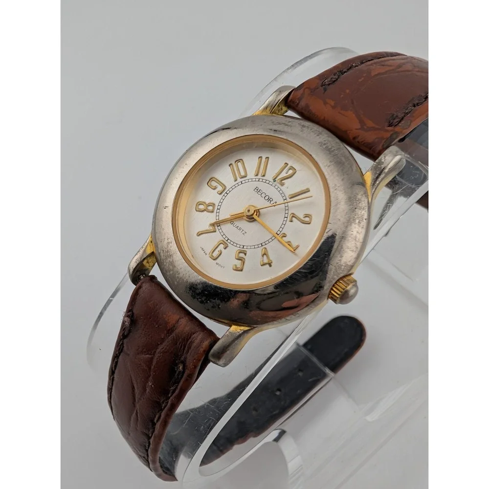 Vintage Becora Watch Women 25mm Gold Case Brown Leather Band-‎ New Battery